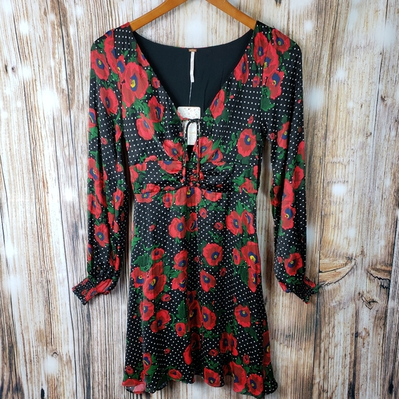 ♥️Free People Floral Polka Dot Long Sleeve Dress Valentines Day Sexy Feminine S - Picture 2 of 10